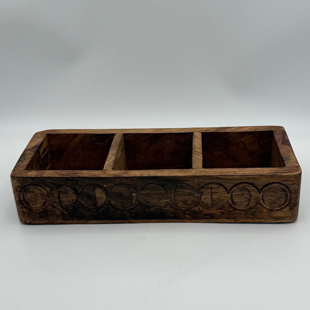 Hand Carved Wooden Triple Moon 3 Compartment Organizer Box Celestial Decor